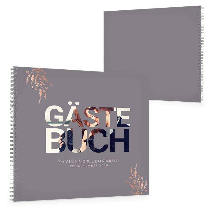 Florales Gästebuch mit Fotoschriftzug in Grau