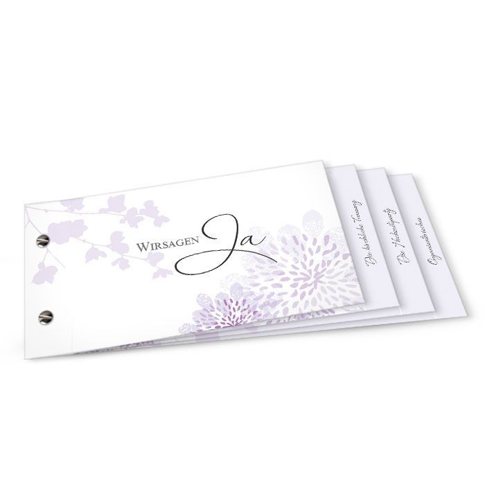 Hochzeitseinladung als Booklet mit Blüten in Flieder