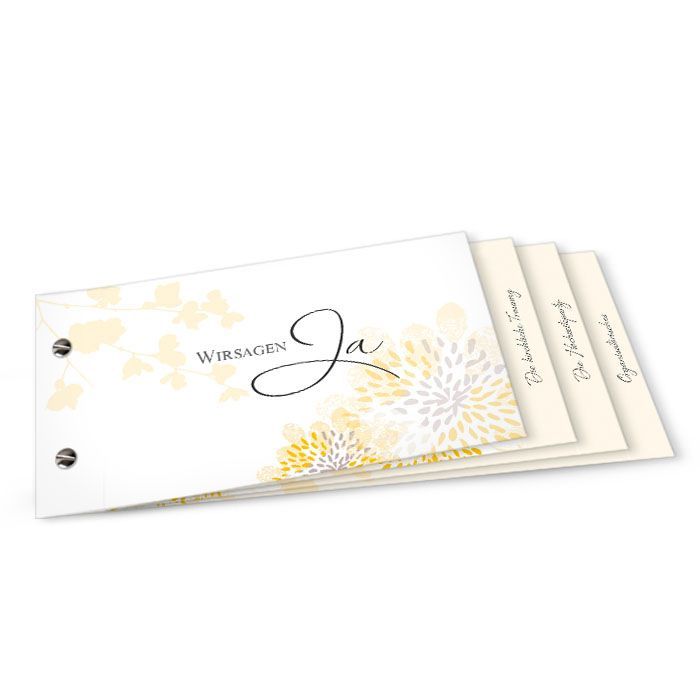 Romantische Hochzeitseinladung als Booklet mit gelben Blüten