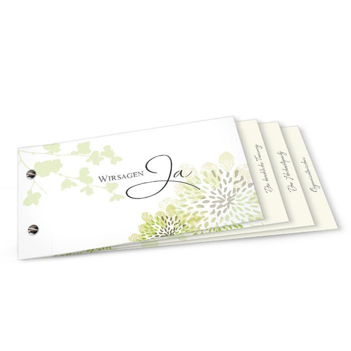 Romantische Hochzeitseinladung als Booklet mit grünen Blüten