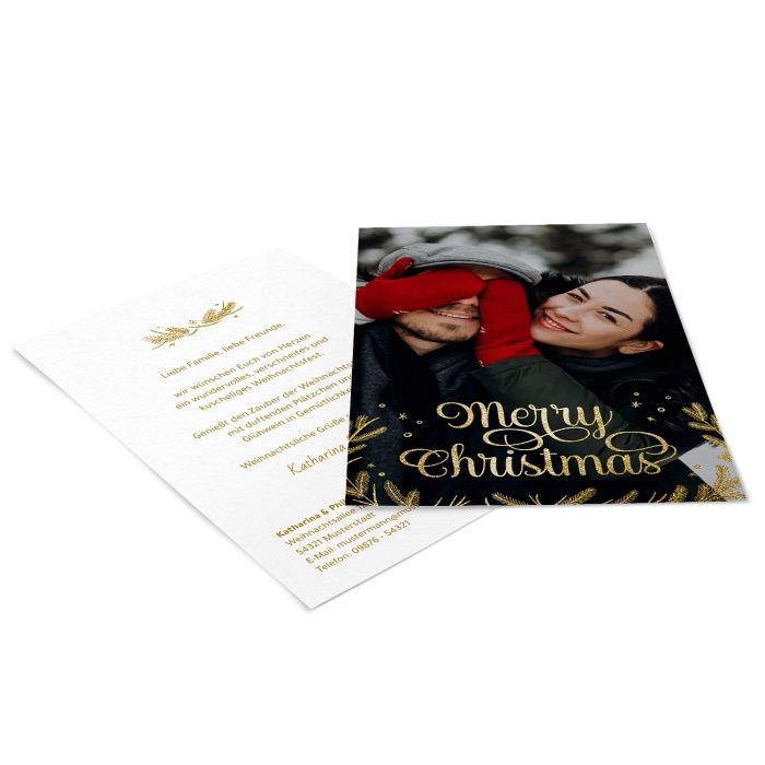 Foto Weihnachtskarte mit goldener Schrift und Zweigen