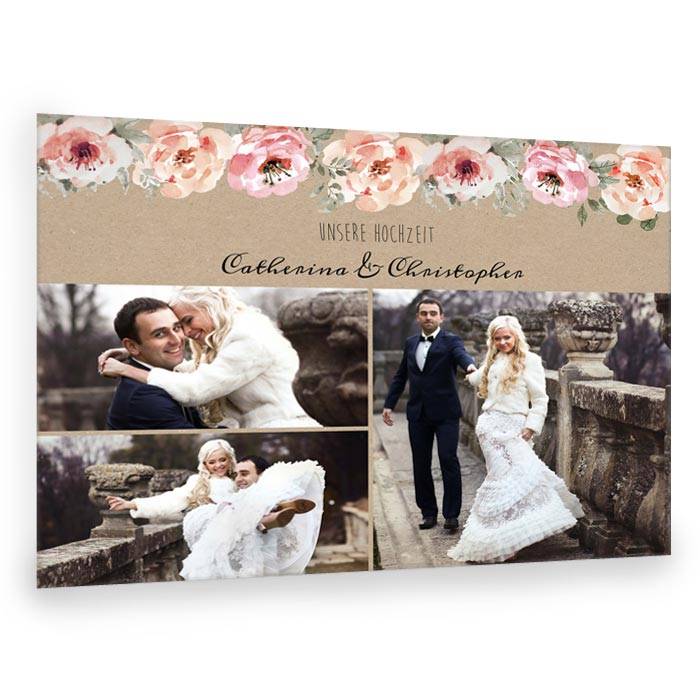 Fotocollage zur Hochzeit mit Aquarellblumen im Kraftpapierlook