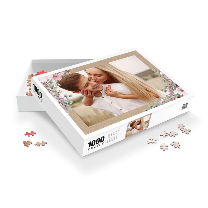 Fotopuzzle für Hochzeitsfotos mit Kraftpapierhintergrund und Blumen - 1000 Teile - weißer