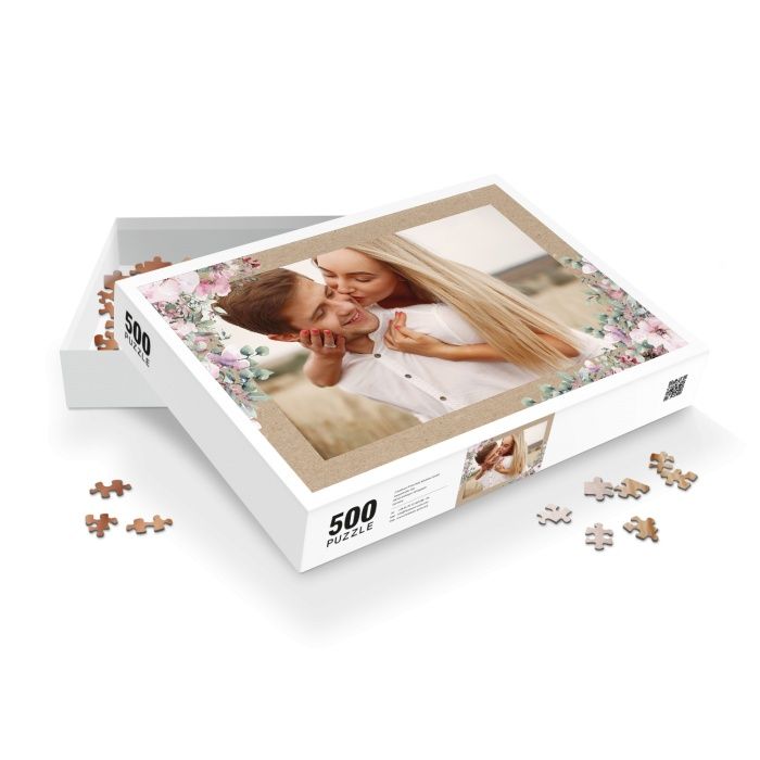 Fotopuzzle für Hochzeitsfotos mit Kraftpapierhintergrund und Blumen - 500 Teile - weiß