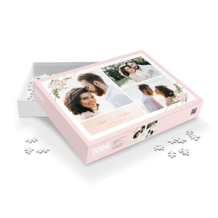 Fotopuzzle mit Fotocollage von Hochzeitsfotos mit rosa Karton