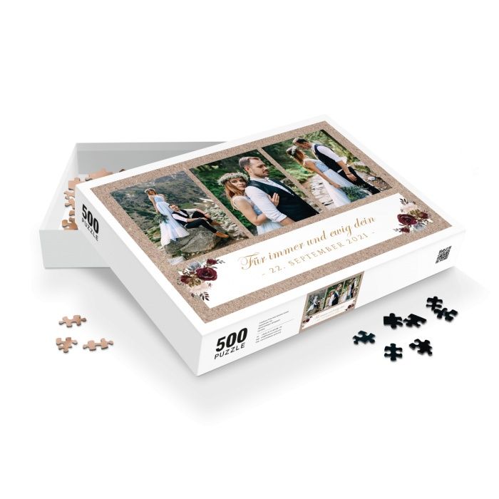 Fotopuzzle mit Hochzeitsfotos, Kraftpapierhintergrund und Rosendesign - 500 Teile - weiß