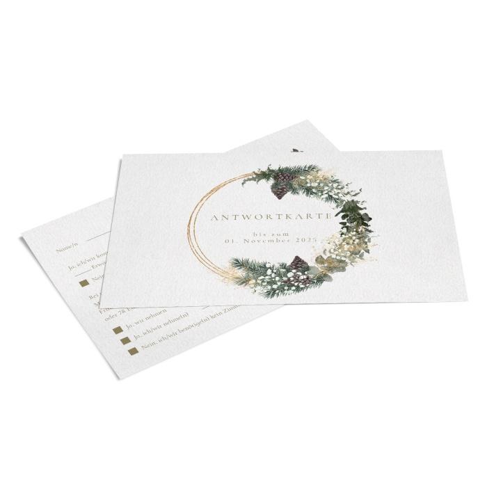 Für die Hochzeit - Antwortkarte im Winter Design mit Tannenzapfen