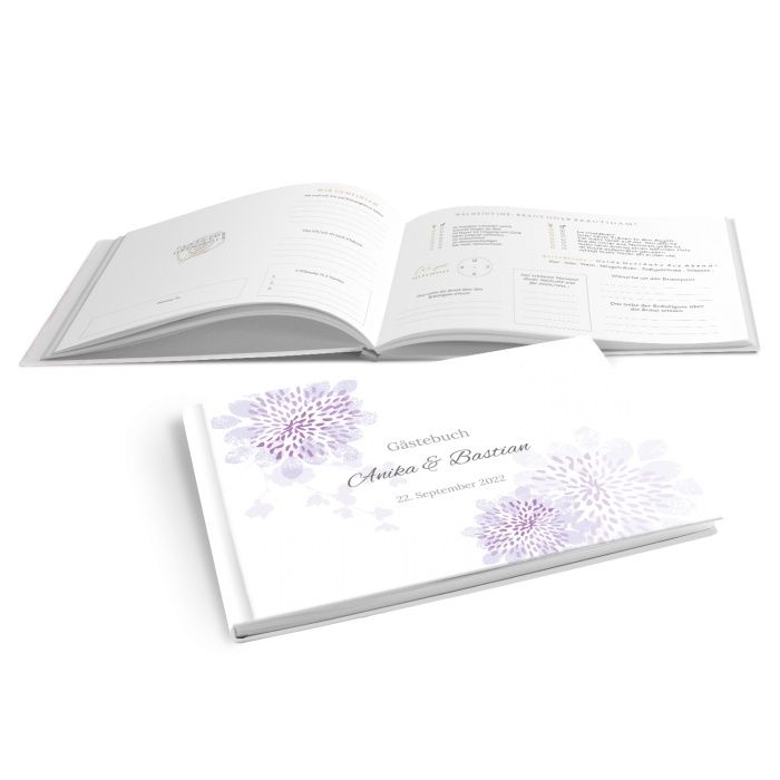 Gästebuch Hardcover mit zarten Blumen in lila - online selbst gestalten