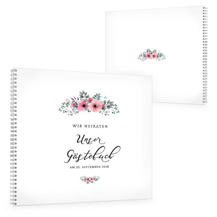 Gästebuch zur Hochzeit mit rosa Blumen im Aquarellstil