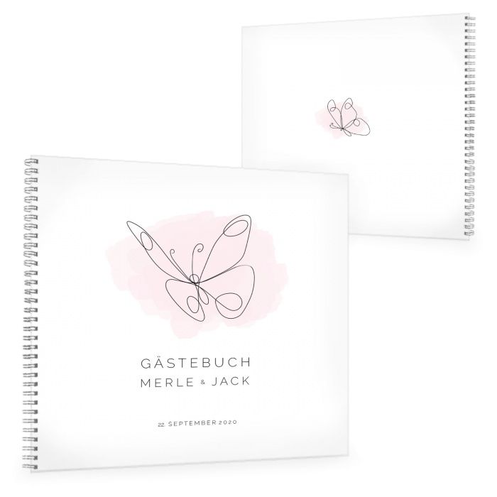 Gästebuch mit elegantem Lineart Schmetterling in Rosa