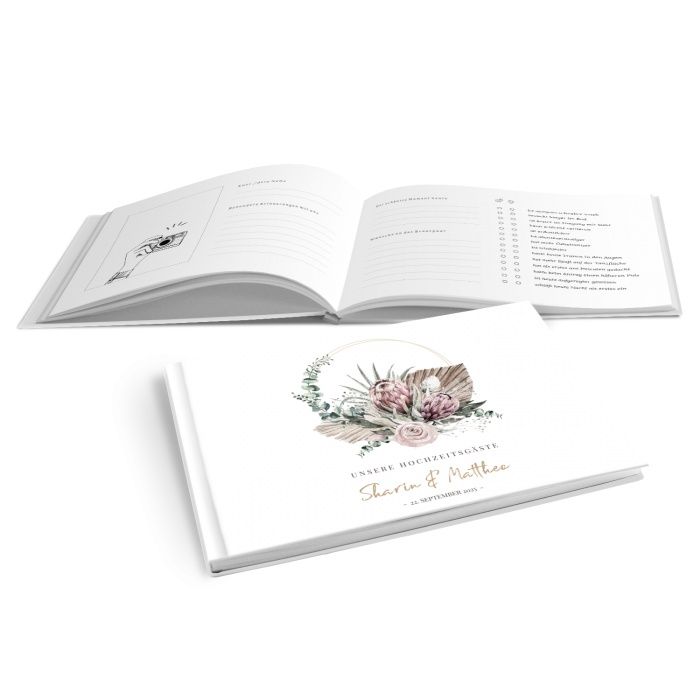 Gästebuch zur Hochzeit im Boho Style mit Protea Blume - online selbst gestalten