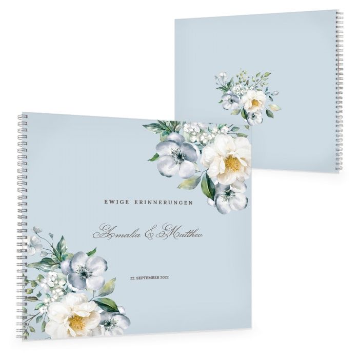 Gästebuch zur Hochzeit in Graublau mit Blumen