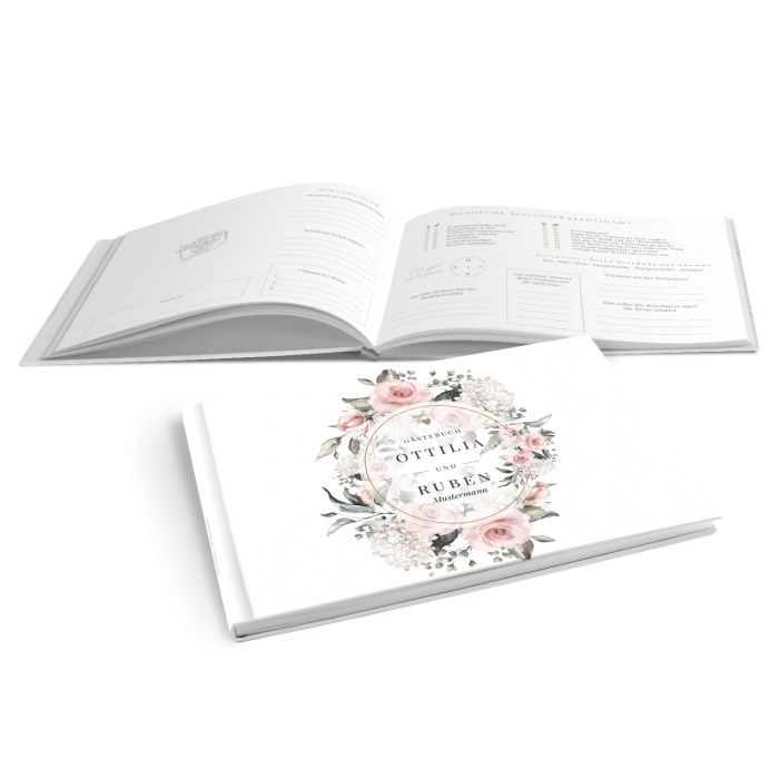 Gästebuch zur Hochzeit mit Rosa Aquarellrosen im Hardcover Einband