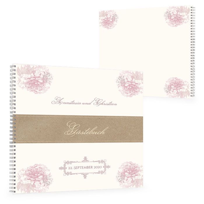 Romantisches Gästebuch zur Vintage Hochzeit mit rosa Blüten