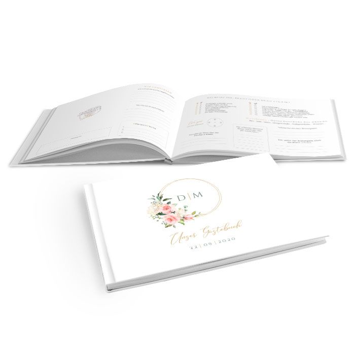 Hardcover Gästebuch mit Goldreif, Rosen und Hortensien