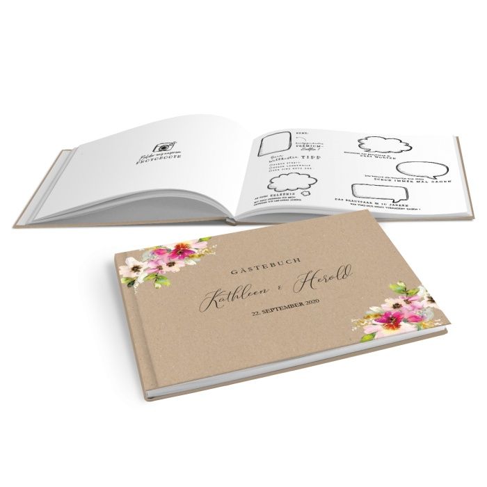 Hardcover Gästebuch mit Aquarellblumen und Kraftpapieroptik