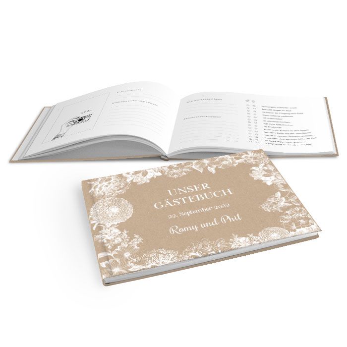 Hardcover Gästebuch im Kraftpapierlook mit Blumenmotiv