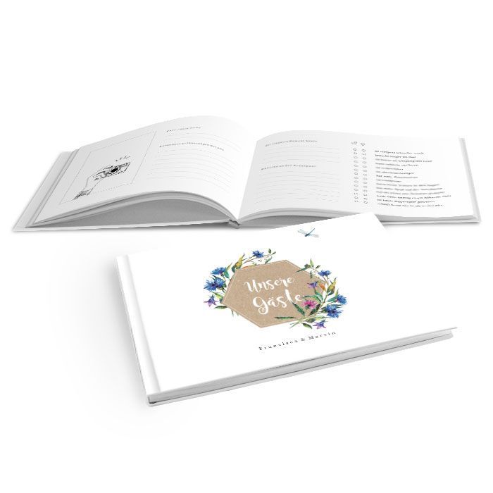 Hardcover Gästebuch zur Hochzeit mit Wildblumen und Libelle