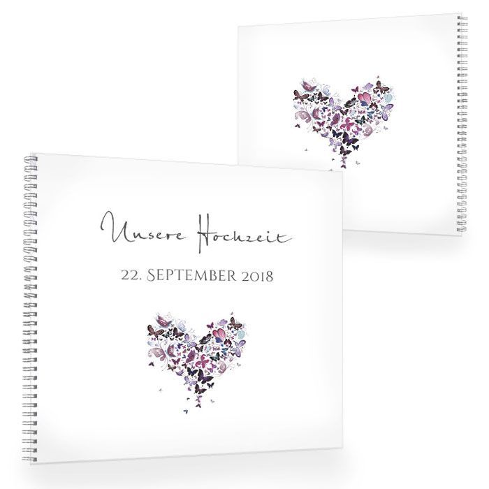 Verspieltes Gästebuch zur Hochzeit mit lila Schmetterlingen
