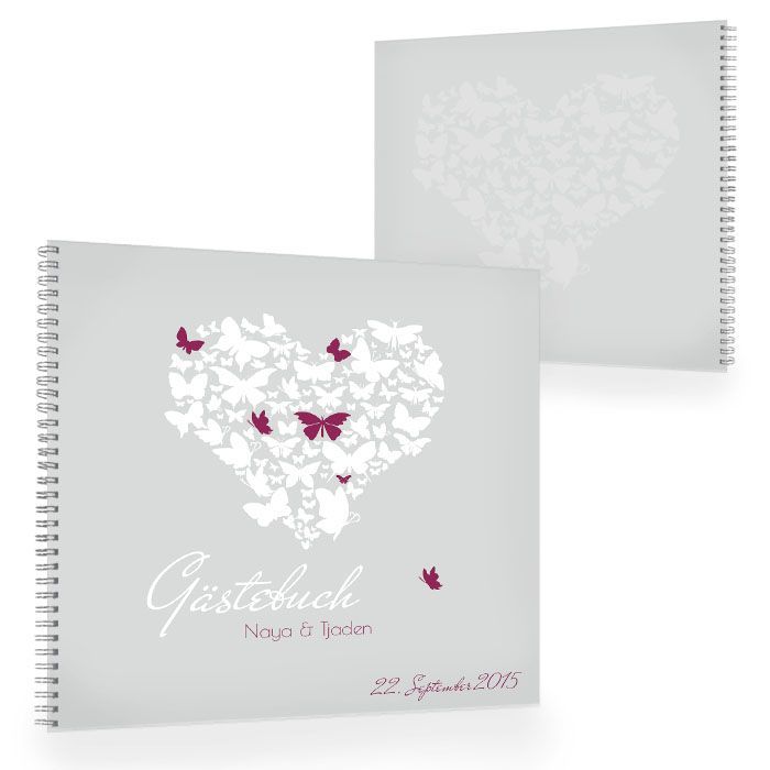 Gästebuch zur Hochzeit mit Herz aus Schmetterlingen in Grau