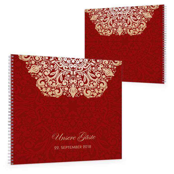Gästebuch zur Hochzeit mit barocken Elementen in Rot Gold