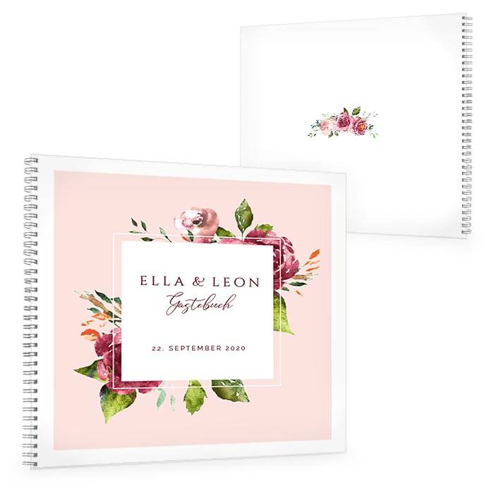 Gästebuch zur Hochzeit mit herbstlichen Watercolor Blumen in Rosa