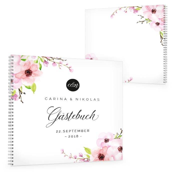 Gästebuch zur Hochzeit mit Rosa Blüten und Kalligraphie Schrift