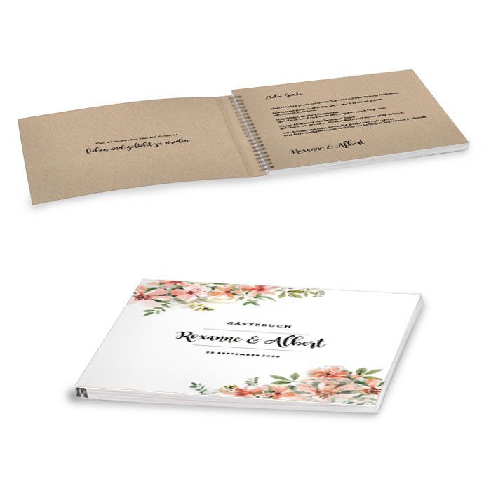 Gästebuch mit Softcover und Aquarellblumen in Lachstönen