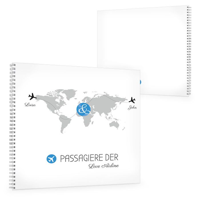 Gästebuch zur Hochzeit mit Weltkarte und Flugzeugen in Blau