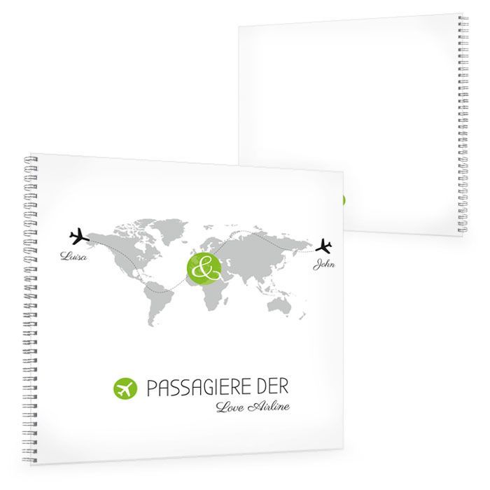 Gästebuch zur Hochzeit mit Weltkarte und Flugzeugen in Grün