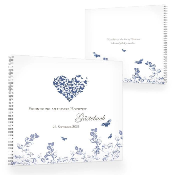 Gästebuch zur Hochzeit mit Herz und Schmetterlingen in Blau