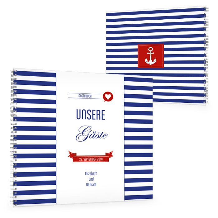 Gästebuch zur maritimen Hochzeit mit Streifen in Blau-Weiß