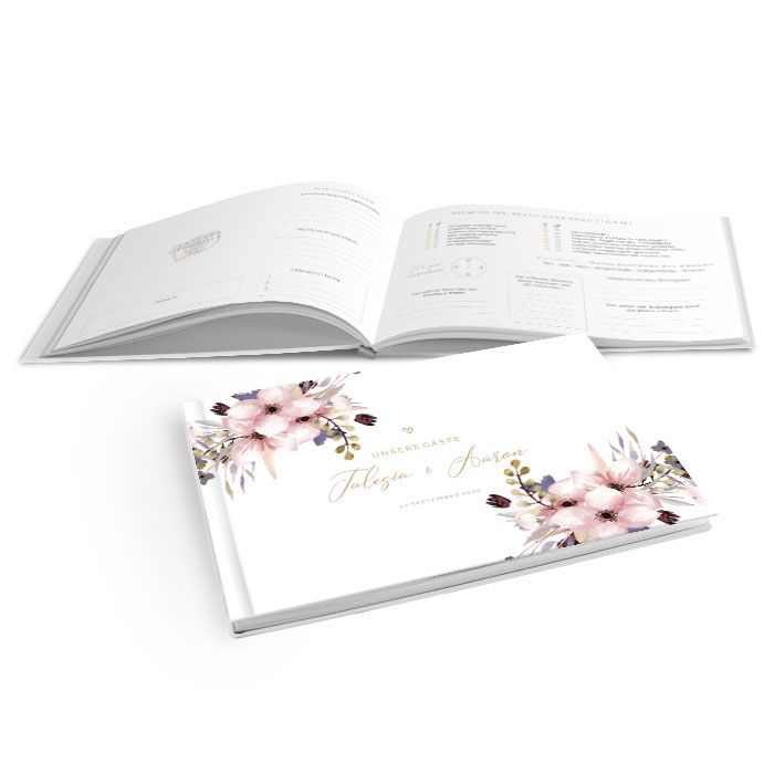 Gästsebuch Hardcover Einband mit Aquarellblumen in Lila Rosa