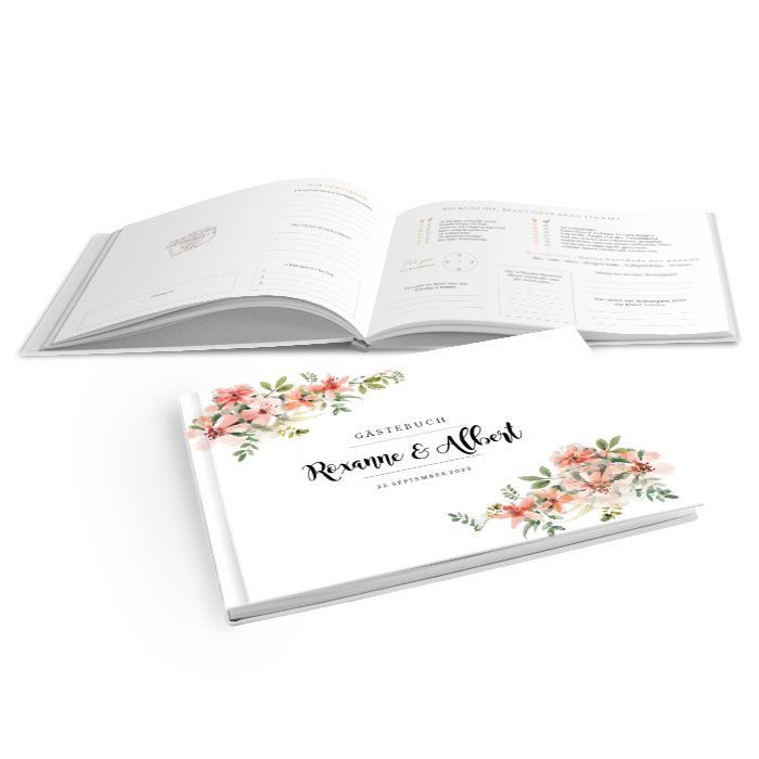 Gästebuch Hardcover Einband mit Aquarellblumen in Rose
