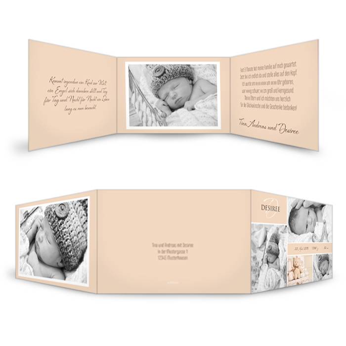 Schlichte Geburtskarte in Creme mit Platz für viele Fotos