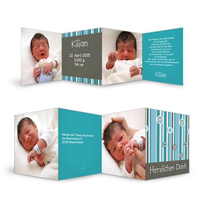 Geburtskarte in Türkis mit Streifen und großen Fotos