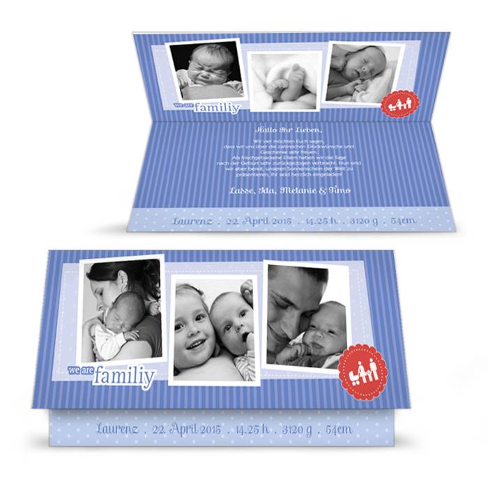 Geburtskarte mit blauen Streifen und vielen Fotos