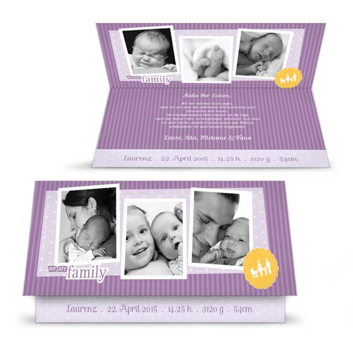 Geburtskarte mit lila Streifen und vielen Fotos