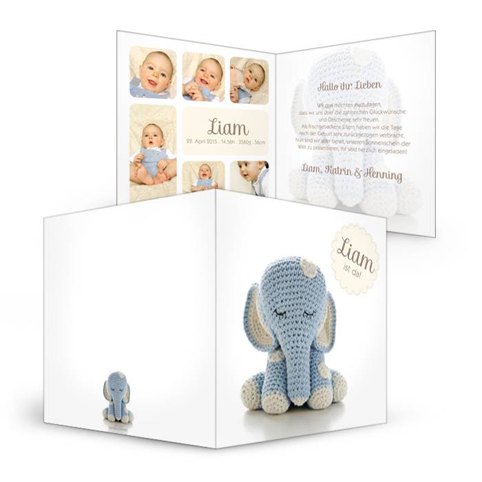 Geburtskarte mit süßem Stofftier Elefant in Hellblau