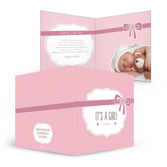 Süße Geburtskarte mit rosa Streifen und rosa Schleife