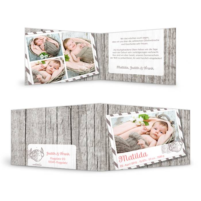 Romantische Geburtskarte mit Naturholz-Design und vielen Fotos