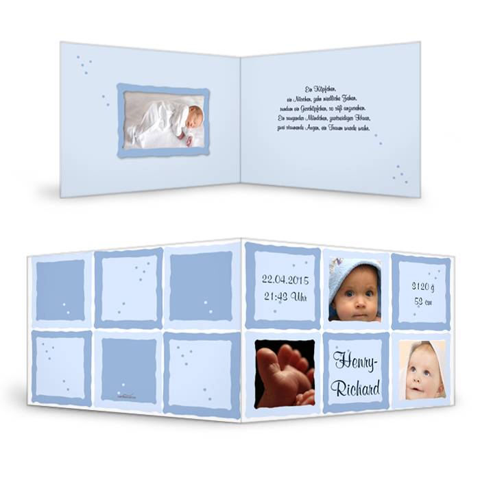 Verspielte Geburtskarte in Hellblau mit Platz für viele Fotos