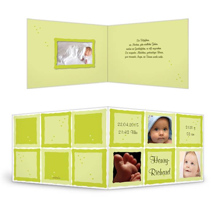 Verspielte Geburtskarte in Hellgrün mit Platz für viele Fotos
