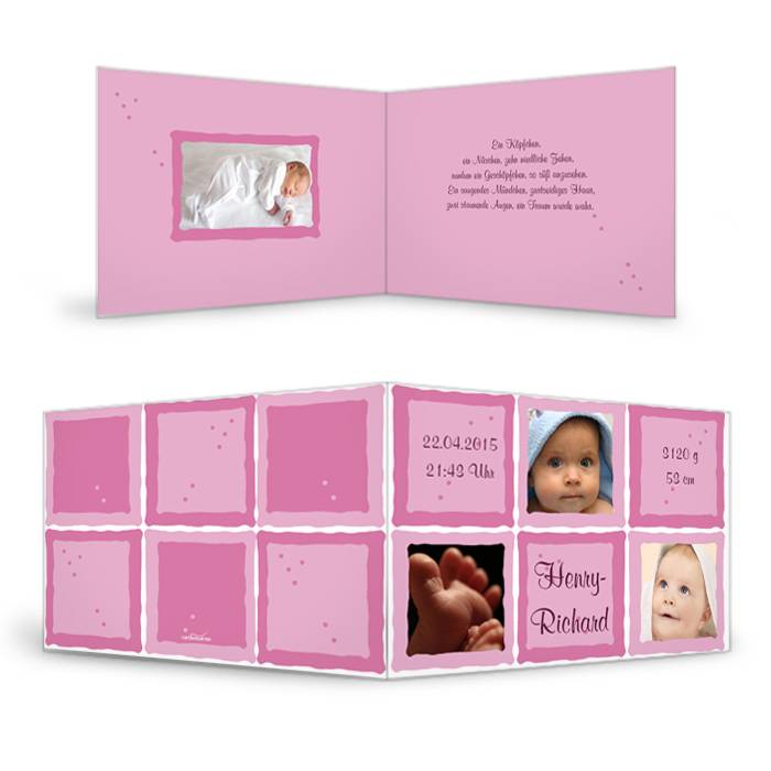 Verspielte Geburtskarte in Rosa mit Platz für viele Fotos