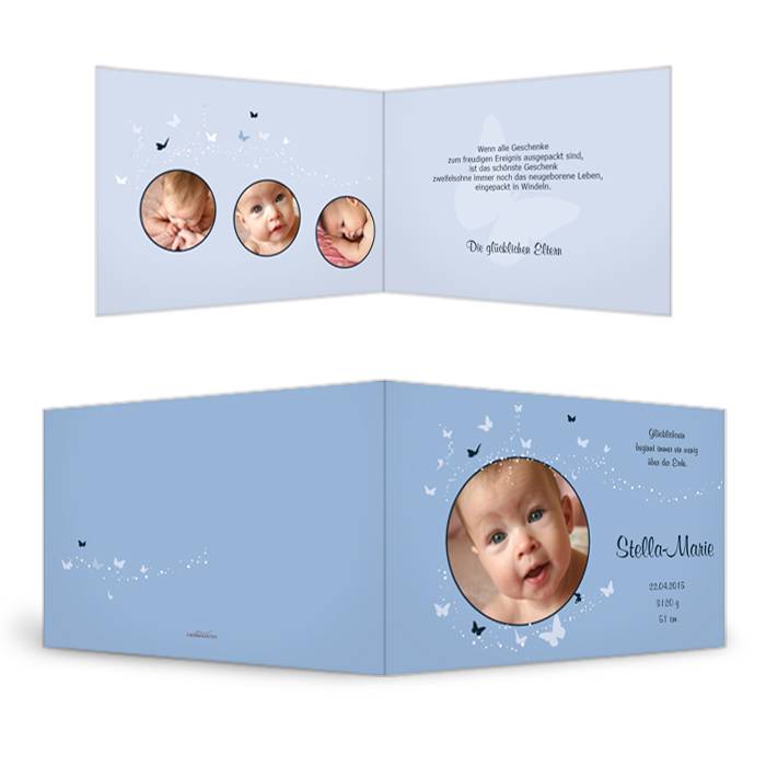Hellblaue Geburtskarte mit Schmetterlingen und vielen Fotos