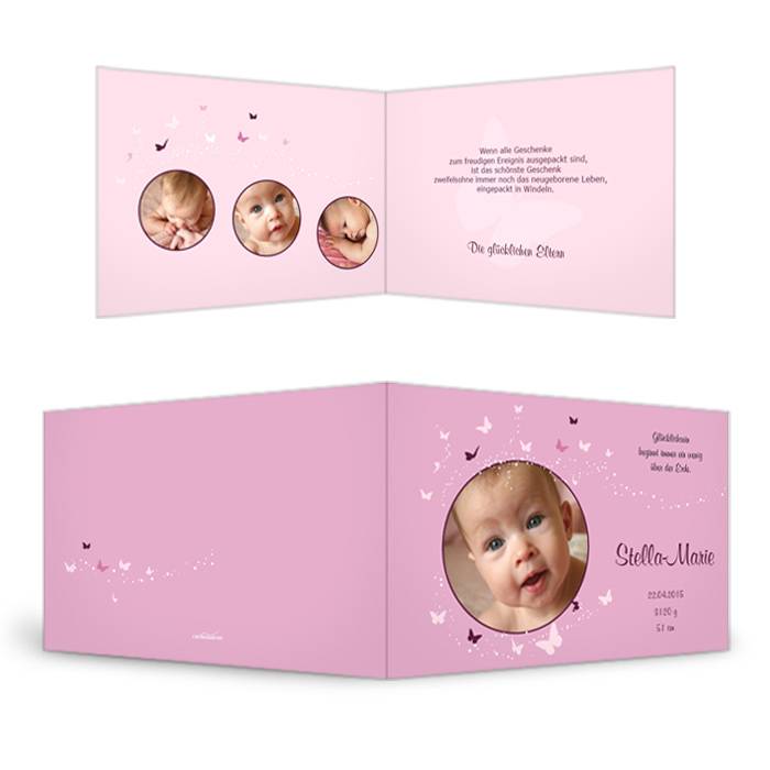 Geburtskarte in Rosa mit Schmetterlingen und vielen Fotos