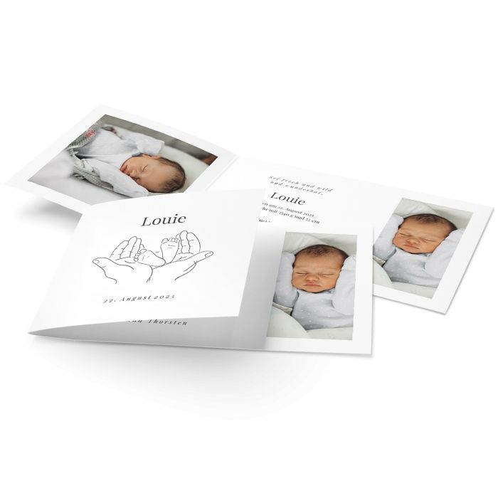 Geburtskarte mit verkürzter Vorderseite und Line Art Motiv von Baby Füßen in Hä