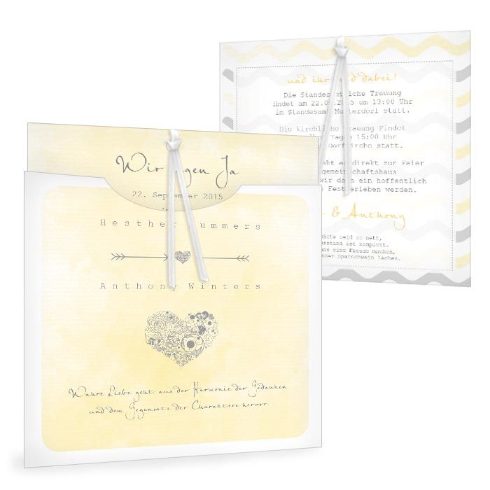 Hochzeitseinladung als Einsteckkarte im gelben Watercolorstil
