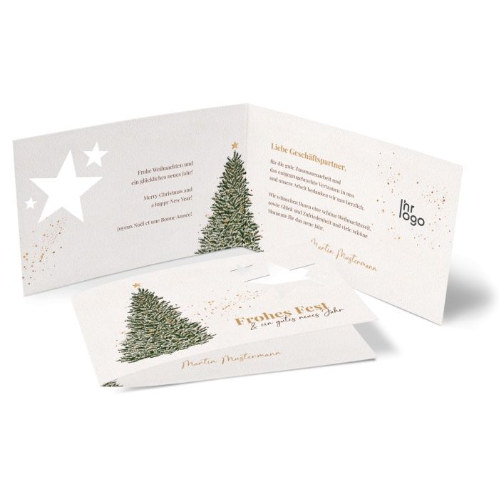 Geschäftliche Weihnachtskarte mit Weihnachtsbaum und Stern-Stanzung