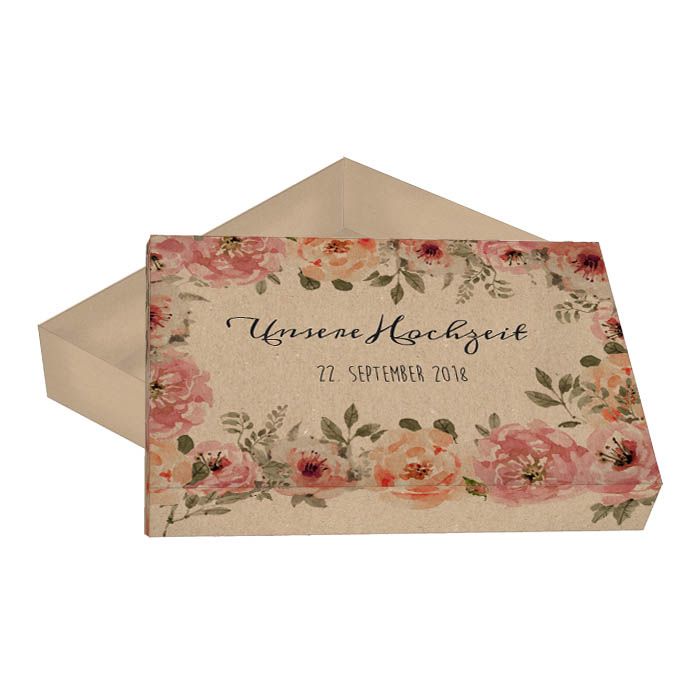 Geschenkbox in Kraftpapieroptik mit Watercolor Blütendesign